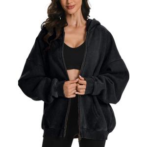 FAIABLE Womens Mens Zip Up Hoodie Oversized Acid Wash Hoodies Heavyweight Distress Cotton Fleece Zipper Hoodie Vintage (Black, L)