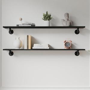 IEO Industrial Pipe Shelving Shelf,Pipe Wall Shelves Wood Shelf:Kitchen Shelves 48 Inches Wood Long Floating Shelves for Wall Farmhouse Pipe Book Shelves Black for Decor and Bar Shelving