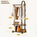 31.5" Wide 3-in-1 Freestanding Clothing Rack,Wooden Coat Rack with 2 Shelves and 6 Hooks,Solid Rubber Wood Coat Rack with Shelves for Entryway, Bedroom, Living Room, Walnut