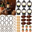 Ferraycle 48 Pcs Cowboy Party Decoration Western Theme Party Centerpiece Mini Cowboy Hats Lantern with LED Candle, Cactus Tealight, Horseshoe, Wagon Wheel, Hay Bales and Rope for Camping Party Favor