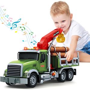 SpringFlower Toy for 3 4 5 6 Year Old Boys, Farm Truck Toy with Farm Trunk,Vehicle Timber Truck Toy with Loading Crane & Lights & Sounds, Kids Birthday Gifts for Boys Toddlers Girls