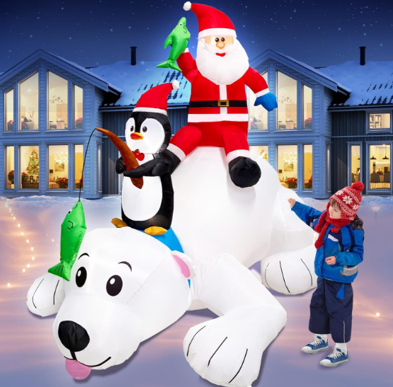 6FT Christmas Inflatable Santa Riding Polar Bear with Penguin Decorations, LED Light Up & Builtin Speaker, Blow Up Outdoor Indoor Xmas Yard Decor for Lawn Garden Party Holiday Season