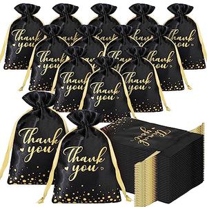 Sweetude 100 Pieces Thank You Satin Gift Bags 4 x 6 Inch Jewelry Pouches with Drawstring Mini Candy Wedding Party Favor Bag for Bridal Baby Shower Birthday Party Supplies(Black)