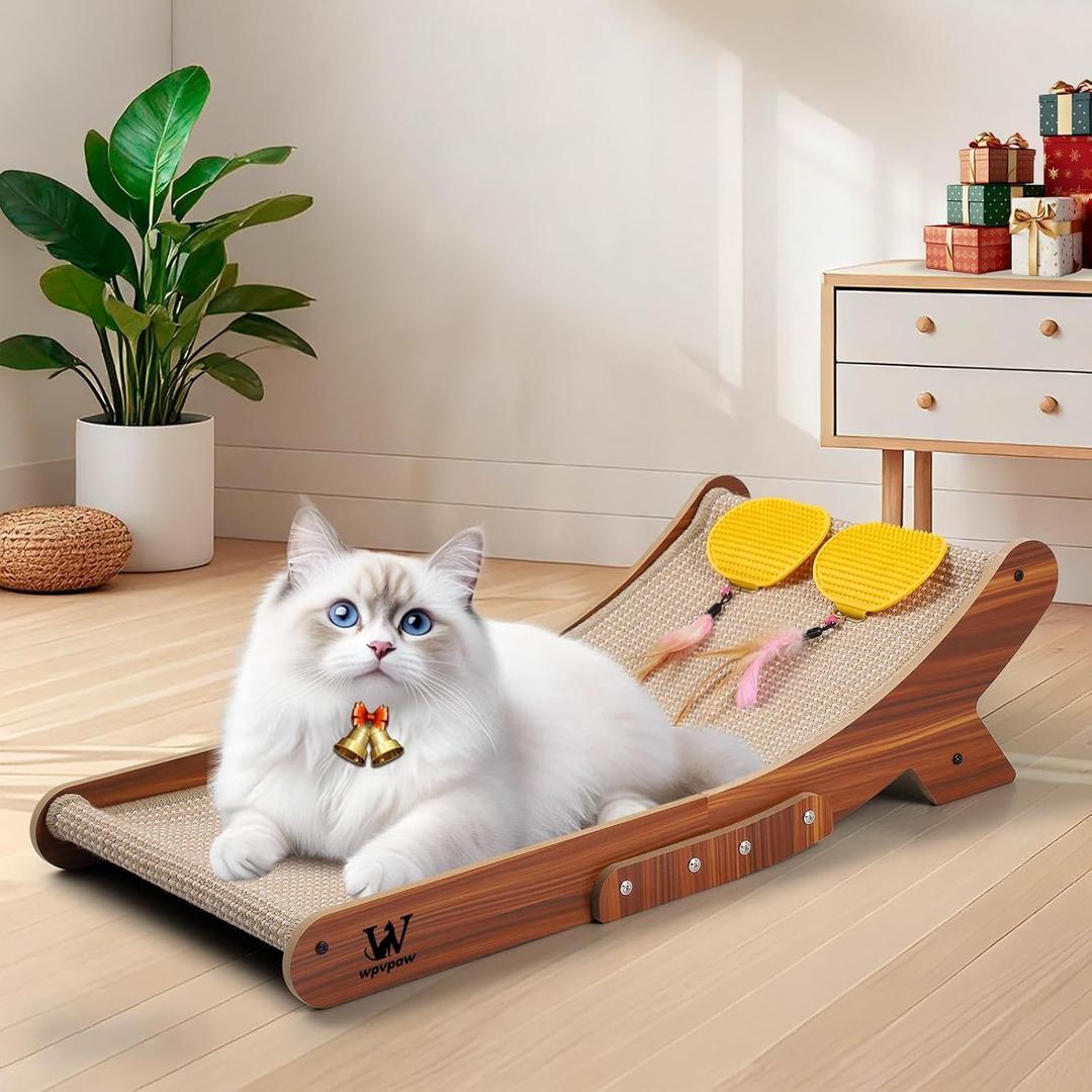Sisal Cat Scratcher Bed, Natural Solid Wood Scratch Lounger, No Mess Scratching Chair Couch for Indoor Cats, 25.6 Inch Cat Scartching Pad, 3 in 1 Scratching Board, Furniture Protector