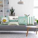 Spring Pillow Covers 18x18 Floral Daisy Hello Spring Decorations Teal Striped Throw Pillow Covers Sunshine Farmhouse Cushion Case for Sofa Couch Set of 4