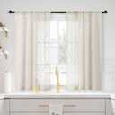MYSKY HOME Beige Sheer Short Curtains for Kitchen 54 inch Long with Pom Pom Small Windows Bedroom Nursery Kids Girls Room Curtains Cafe Light Filtering Boho Drapes, Rod Pocket,52" Wide, 2 Panels