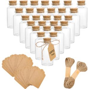 100 Pack Mini Glass Bottles with Cork 10 ml Mini Glass Vials with Cork Stoppers with Label Tags and String for Crafts Decoration Wedding Party Favors