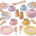 Frogprin 30 PCS Wooden Toy Plates and Dishes for Kids, Play Kitchen Accessories Set, Pretend Play Food Sets for Children Kitchen, Montessori Toys for Girls and Boys
