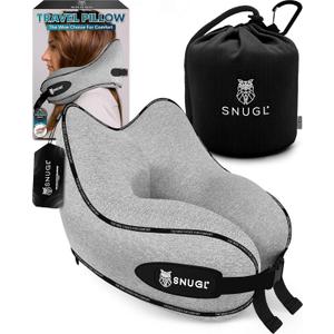 SNUGL Travel Pillow  Memory Foam Pillows - Neck Pillow for Airplane with Carry Bag & Clip  Neck Support Pillows for Pain Relief - Airplane Travel Essentials (Adult Regular - Grey)