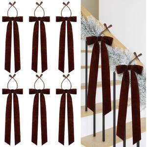 Riceshoot 6 Pcs 23.5 Inch Christmas Garland Ties with Large Velvet Christmas Bows Rustic Reusable Twist Tie Bows Staircase Wreath Bow for Hanging Garland Xmas Light Banisters Decor(Brown)