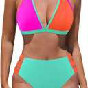 popvil High Waisted Bikini Sets for Women Two Piece Swimsuit Halter Top Bathing Suit (Large, Color Block)