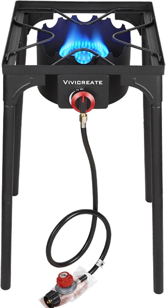 Vivicreate 30000 BTU Propane Gas Stove Outdoor Single Burner Adjustable Height with 20PSI Regulator Heavy Duty Cooker for Patio Camping Garden BBQ Fogon de Gas Estufa de Gas Portatil Parrillas