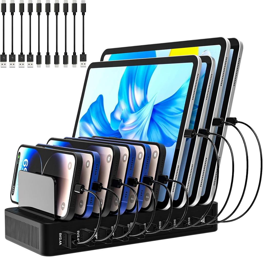 Charging Station for Multiple Devices, 100W 10 Ports Charging Dock with 10 Cables Smart IC Tech and Adjustable Dividers Type-CMulti USB Charger for iPhone Galaxy iPad TabletBlack