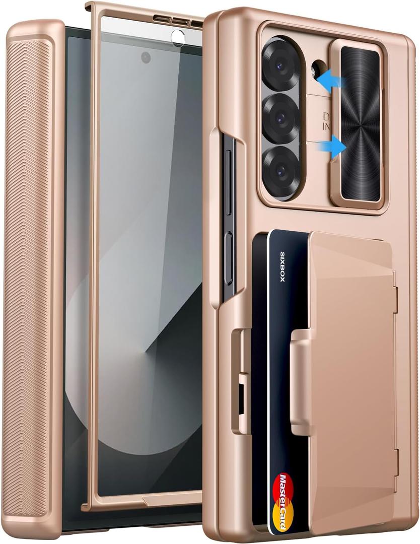 for Samsung Galaxy Z Fold 6 Case with Card Holder & Hinge Protection & Screen Protector, Built-in Camera Lens Cover, Rugged Shockproof Phone Cover Case for Samsung Z Fold 6 2024, Rose Gold