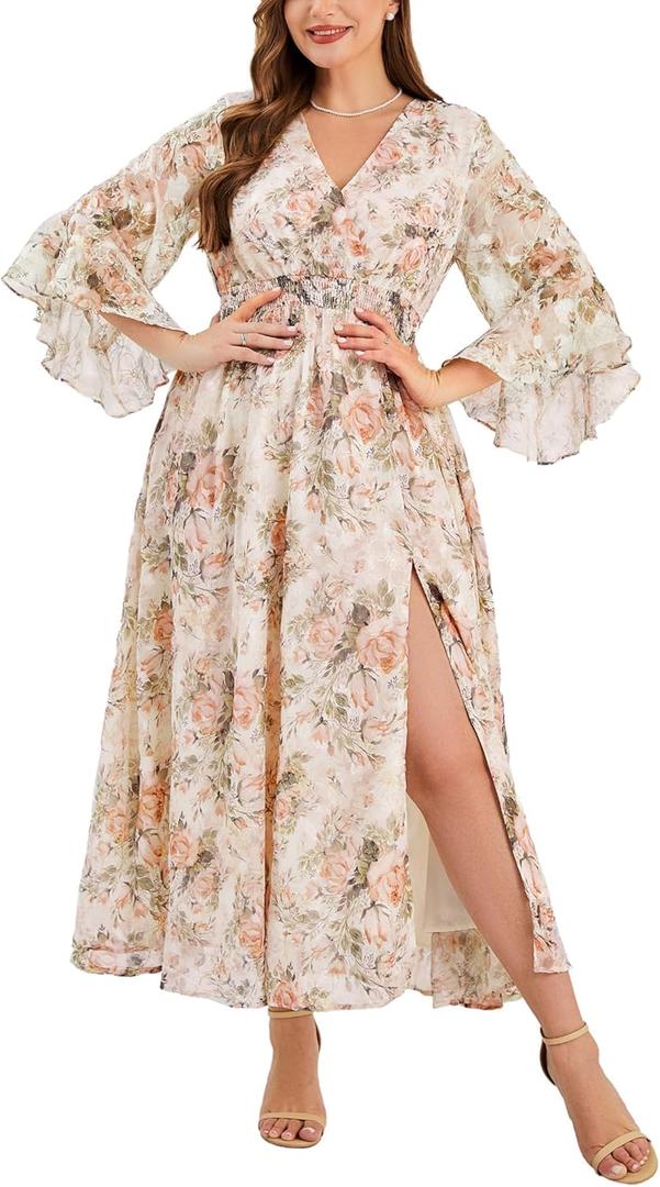 Wedding Guest Dress Plus Size Ruffle Bell Sleeve V Neck A Line Flowy Empire Waist Maxi Dresses with Slit (Brown) XL