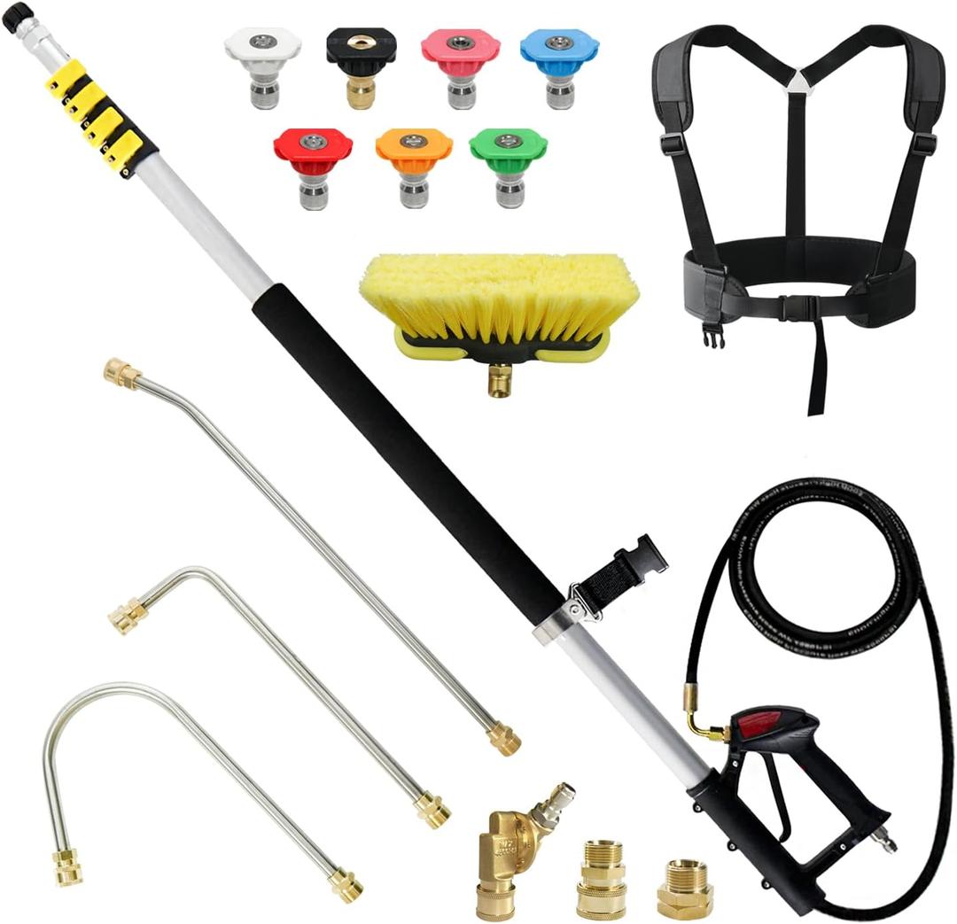 JANZ 24 FT Pressure Washer Telescoping Wand with Power Washer Extension Wands, Brush Head, Gutter Cleaner, 7 Spray Nozzle Tips, 2 Hose Adapters and Support Belt TW-004 (Yellow)