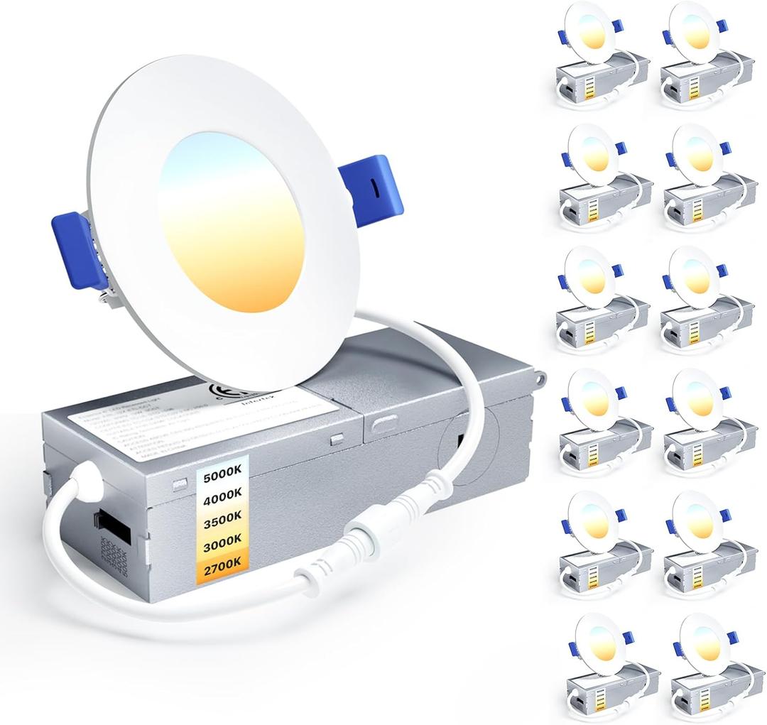 Ensenior 12 Pack 3 Inch LED Recessed Ceiling Light, Dimmable, 2700K-5000K 5CCT, 500LM 6W 120V, High Brightness Canless Wafer Downlight - ETL&FCC&IC