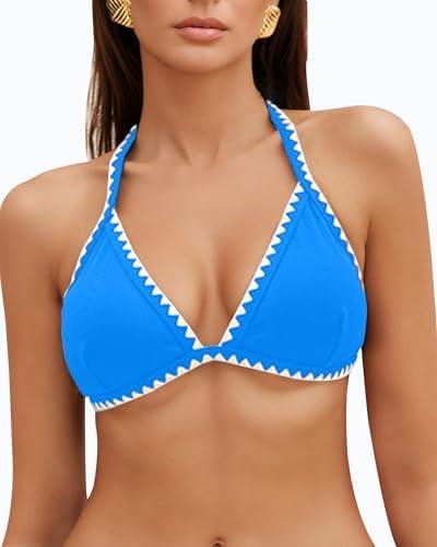 Jolefille Triangle Bikini Tops for Women Halter Neck Swimsuit Tops Whip Stitch Color Block Bathing Suit Padding Swim Top Only, Medium