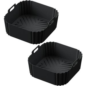 Air Fryer Silicone Liners for Ninja AF140 AF141 AF180 AF181 Air Fryer for Philips HD9270 Basket Baking,9inch Reusable square,Black2 pack