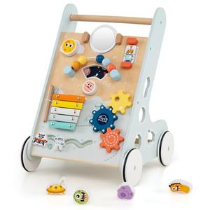 HONEY JOY Baby Push Walker, Wooden Infant Walker Activity Center with Shape Sorter, Develop Motor Skills & Creativity, Push Toys for Babies Learning to Walk, Gift for Boys and Girls, Light Blue