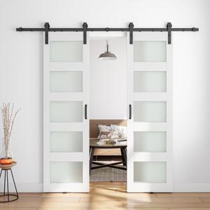 36" x 84" (Double 18" x 84" Doors) Glass Barn Door with 6FT Sliding Door Hardware Kit Included, Assemblely Needed, 5-Panel Frosted Glass, Waterproof PVC Surface, White