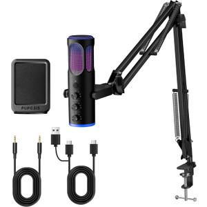 Gaming Microphone, USB Condenser Mic for PC, PS4/5 and Mac, Noise Cancellation Computer Mic with Mute, Reverb, Monitoring, Adjustable Boom Arm, Pop Filter for Streaming/Podcasting/Recording/YouTube