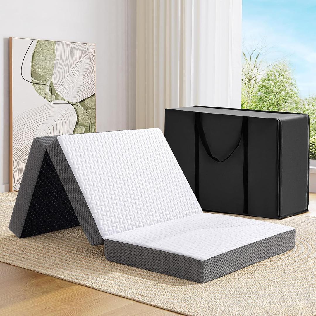 MASVIS Folding Memory Foam Mattress, 4-inch Tri-fold Mattress Topper for Camping and Travel, Foldable Guest Bed with Removable Cover, Foldable Mattress with Storage Bag, Twin XL