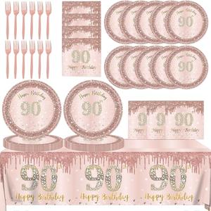90th Birthday Decorations for Women,61Pcs Rose Gold 90th Birthday Decorations Tableware Include Happy 90th Birthday Plates and Napkins,Tablecloth,Forks,90th Birthday Party Supplies Serve 20
