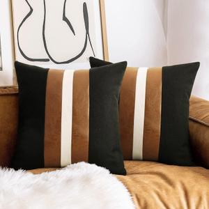 JASEN Set of 2 Faux Leather Pillow Cover 18x18, Black and White Decorative Throw Pillow Covers Brown Modern Stripe Accent Cushion Cover Couch Bed Sofa