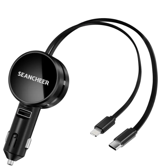 SEANCHEER Retractable Car Charger for iPhone and Android Fast Charging, Car Charger with Retractable Cords(2.6Ft), USBC Ports,Compatible with iphone15/ Pro Max 14/ Pro Max/13/12/11/iPad/Galaxy