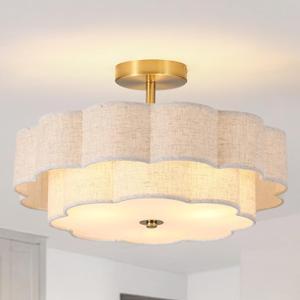 Modern Semi Flush Mount Ceiling Light ,17.71" Modern Gold Drum Ceiling Lighting Fixture with Linen Shade ,3-Light Vintage Lamp for Living Room, Bedroom, Kitchen, Dining Room, Hallway, Entryway