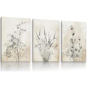 KBIERQN 3Pcs Vintage Floral Canvas Wall Art Rustic Flower Paintings Poster Prints Modern Minimalist Wildflowers Pictures Neutral Boho Wildflower For Living Bedroom Wall Decor 12x16In Framed