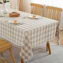 JIALE Checkered Table Cloth Rectangle Cotton Linen Fabric Gingham Tablecloth with Tassel Washable Wrinkle Free Buffalo Plaid Table Cover for Spring Picnic Kitchen Dining, Beige and White, 55x120''