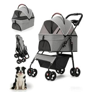 Pet Stroller with Removable Carrier, 35lbs Capacity - One-Click Foldable Dog Stroller, Cat Carrier & All-Terrain Wheels, Compact Travel Pet Stroller for Small to Medium Pets-Gray