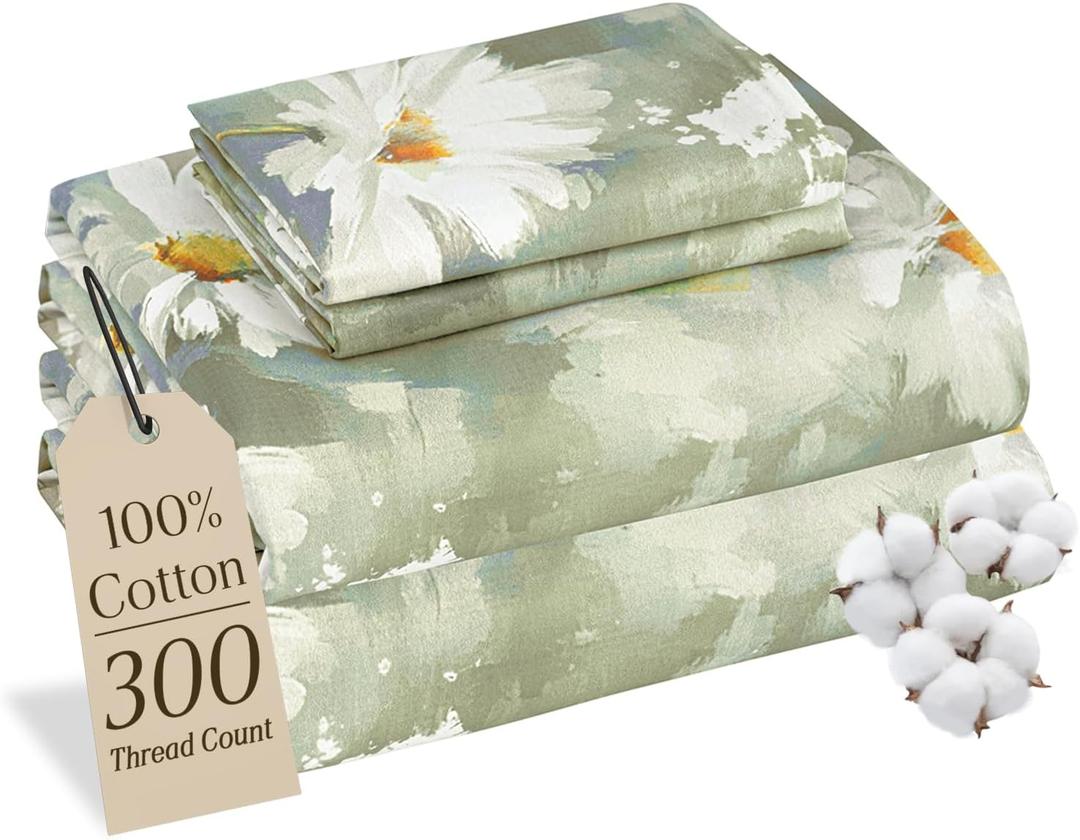 MCO 100% Cotton Sheet Set Floral Printed, 300 Thread Count Cotton Queen Sheet Set, 16" Deep Pocket, Breathable Cooling Sheets 4 Pieces (Queen, Daisy Light Green)