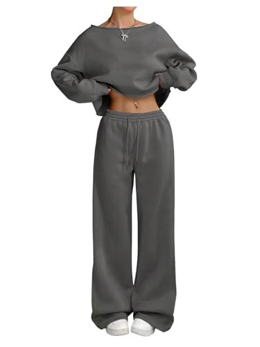 SOLY HUX Women's 2 Piece Outfits Fall Sweatsuits Off The Shoulder Crop Top Wide Leg Sweatpants Casual Matching Lounge Sets Pure Grey Large. Size Large