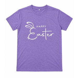Women’s Purple Happy Easter Graphic T-Shirt, Short Sleeve Bunny Print Tee, Size Small