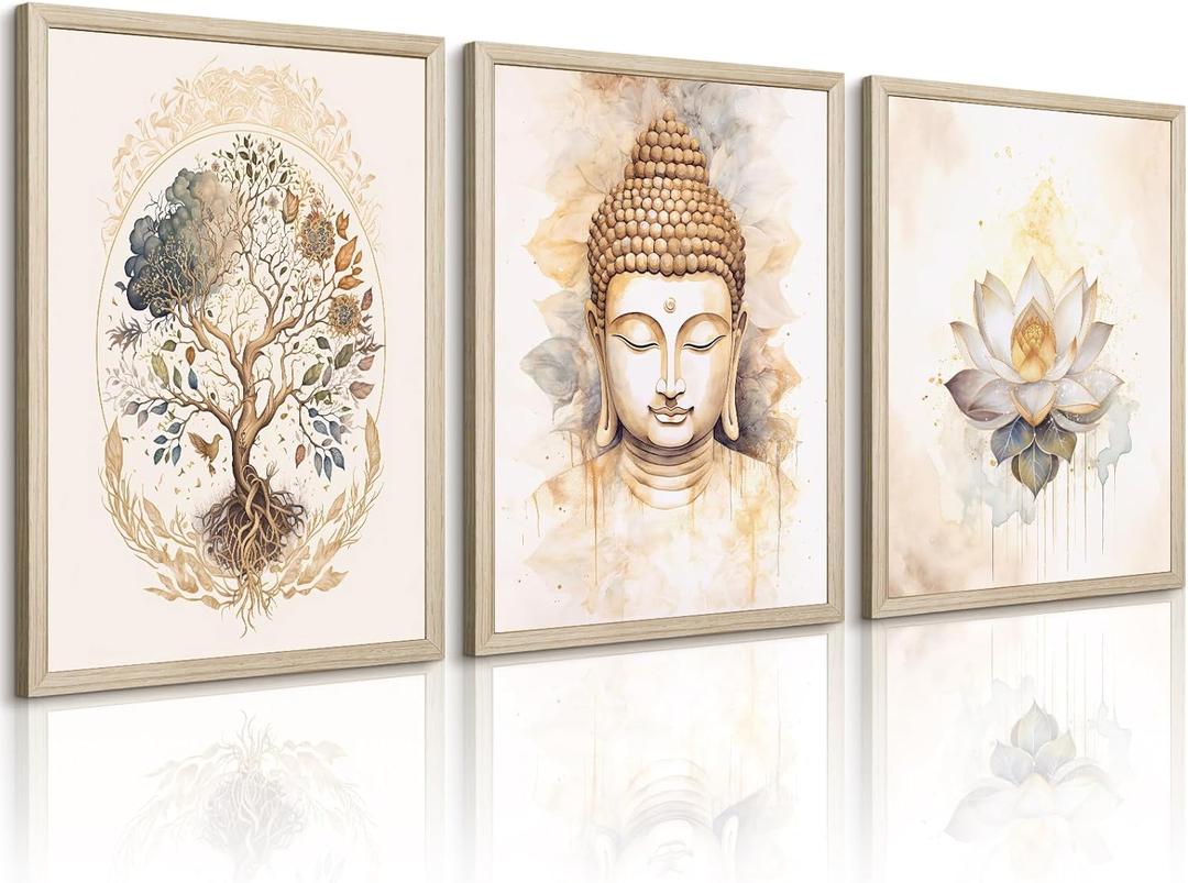 Zen Wall Art Decor Buddha Lotus Flower Artwork Tree of Life Canvas Painting Yoga Meditation Studio Wall Art Mindfulness Spiritual Energy Poster for Living Room Bedroom 12x16x3 Wood Framed