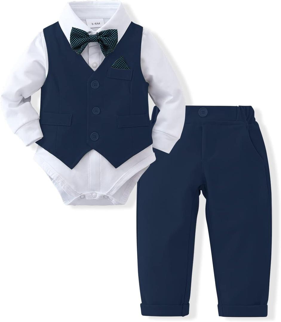 DISAUR Baby Boy Clothes Toddler Boy Outfits 4PCS Gentleman Dress Romper/Vest/Pants/Bow Tie Cotton Suit Sets (12-18 Months, Navy Blue)