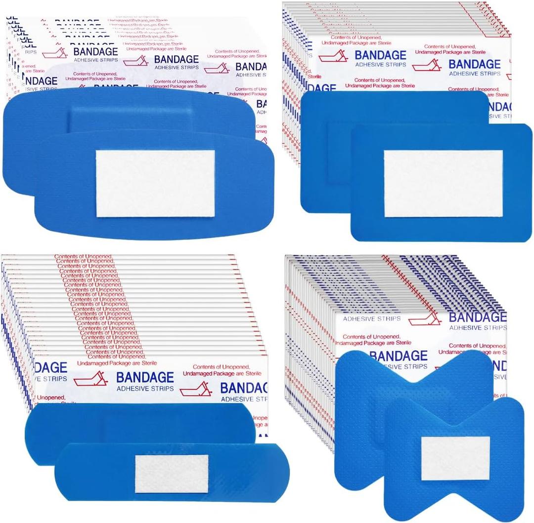 150 PCS Adhesive Blue Bandages, Metal Detectable Small Bulk Waterproof Bandage with Non-Stick Pad for Catering First Aid and Wound Care Protection 4 Shapes