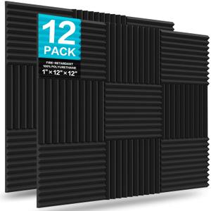 JBER 12 Pack Acoustic Foam Panels, 1" X 12" X 12" Sound Proof Foam Panels for Walls, High Desnsity Studio Soundproofing Wedges - Fire Resistant & Noise Absorbing for Studio, Office, Home (Black) (Black Non-Adhesive)