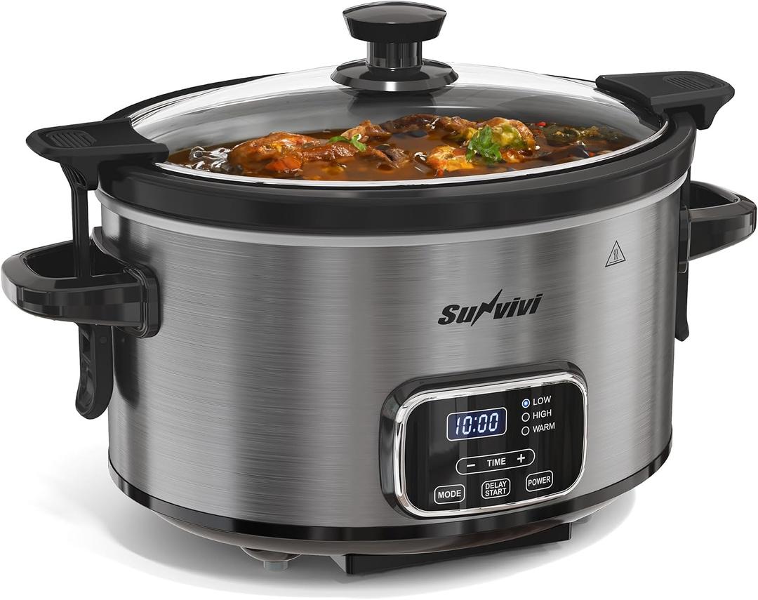 4QT Slow Cooker, Programmable Pot with Removable Ceramic Pot, Locking Lid, 3 Heating Settings & Time Control,Dishwasher-safe Lid & Pot, Grey, 4 Quarts