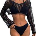 SHENHE Women's Hollow Out Crochet Beach Cover Up Sheer Long Sleeve Crop Beach Top, Small