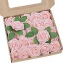 Artificial Flowers 25 Pack Blush Faux Foam Roses with Stems, Real Looking Fake Rose for DIY Wedding Bouquets, Bridal Shower Centerpieces, Party Table Decorations, Home Decor
