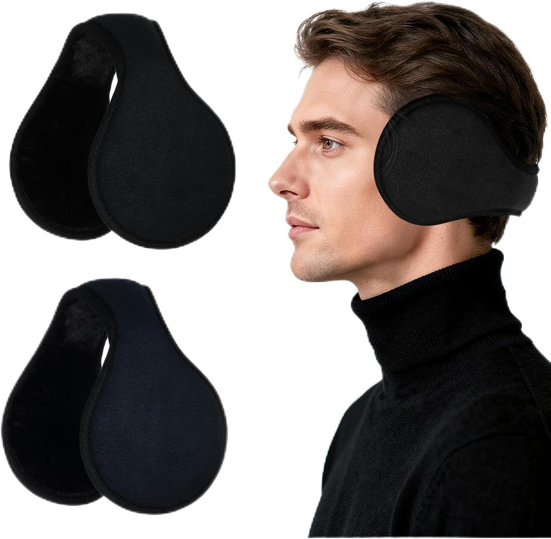 Sucrain 2 Pack Earmuffs For Winter,Unisex Foldable Cold Weather fleece Earmuffs Adjustable Behind The Head Ear Warmers (Navy Blue + Black)