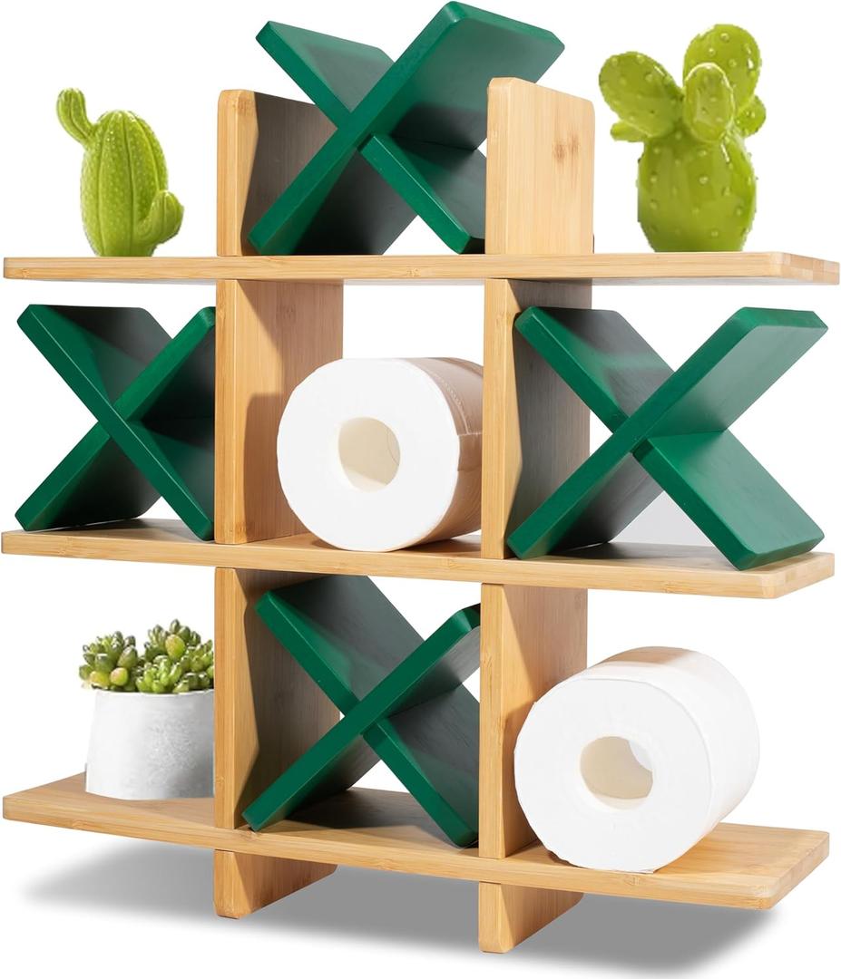 Tic Tac Toe Toilet Paper Holder Stand with Set of 4 Green Paint Bamboo Wooden X Toilet Paper Storage Bathroom Hanging Storage Wall Mounted Shelves Wall Decor for Toilet Tissue Farmhouse Decor