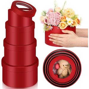 Set of 4 Round Flower Boxes with Clear Lids 4 Assorted Sizes Gift Boxes for Flower Arrangements Nesting Round Gift Box for Mother's Day Graduation Wedding Birthday(Red)
