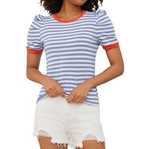 MISSACTIVER Women Striped Color Block T-Shirts Crew Neck Short Puff Sleeve Slim Fit Pullover Shirt Casual Summer Tee Tops (M)