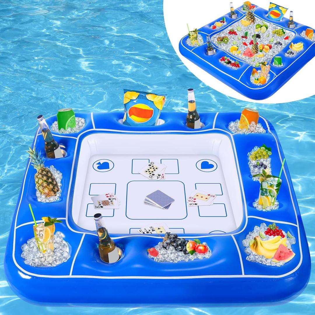 Pool Inflatable Game Table with Waterproof Playing Cards(35.5 inches35.5 inches,Blue/White) (1 Set)
