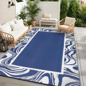 Garvee Waterproof Outdoor Rug 8x10 Reversible Plastic Straw Patio Rug Modern Abstract Large Outdoor Carpet Foldable Indoor Outdoor Rugs for Picnic, Backyard, Rv, Beach, Deck, Camper, Balcony, Navy